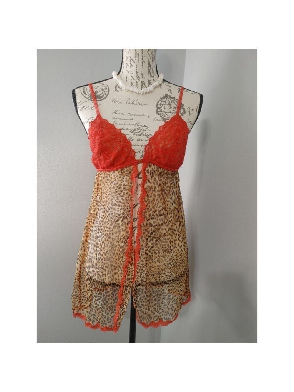 Women's Victoria's Secret Chemise L Leopard Print Open Front Red Lace 2006